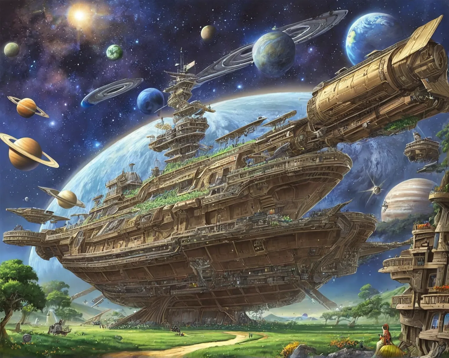 Illustration of a spaceship with green fields and planets, Noah's Ark, Ancient Spacecraft, mothership, sci-fi fantasy painting , by Rob Alexander , 3D Epic Illustrations , John Luke, Utopia spacecraft, by John Coffelt , Great space, Inspired by Ted Nasmyth...