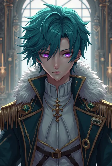 Teal hair purple eyes anime male character royal aot style 