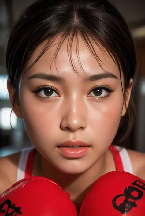 action drama sports boxing scene, extreme close up face of A Thai women 20 yo in sports boxing She wore bright red gloves with kanji characters on them. The gloves covered eye her battle-hardened face, the wounds covered by bandages, and her eyes expressed...