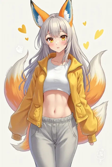 18 year old girl, white top, open belly , unbuttoned yellow sports jacket, light silver sports pants, white and yellow eyes, long silver-orange hair with blue-tipped ears, 3 orange-white fox tails, art