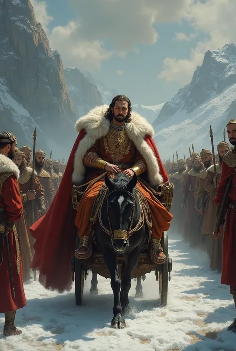 classical painting, of a medieval king in royal clothes, fur coat, visiting the icy lands, from the old Renaissance royal carriage, a beautiful landscape of snowy mountains and a reception from his vassals to the king