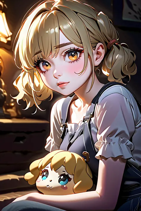 small girl, pale skin, big eyes, blonde hair, (((short twintails))), cute face, casual clothing, skirt, ((doll joints))