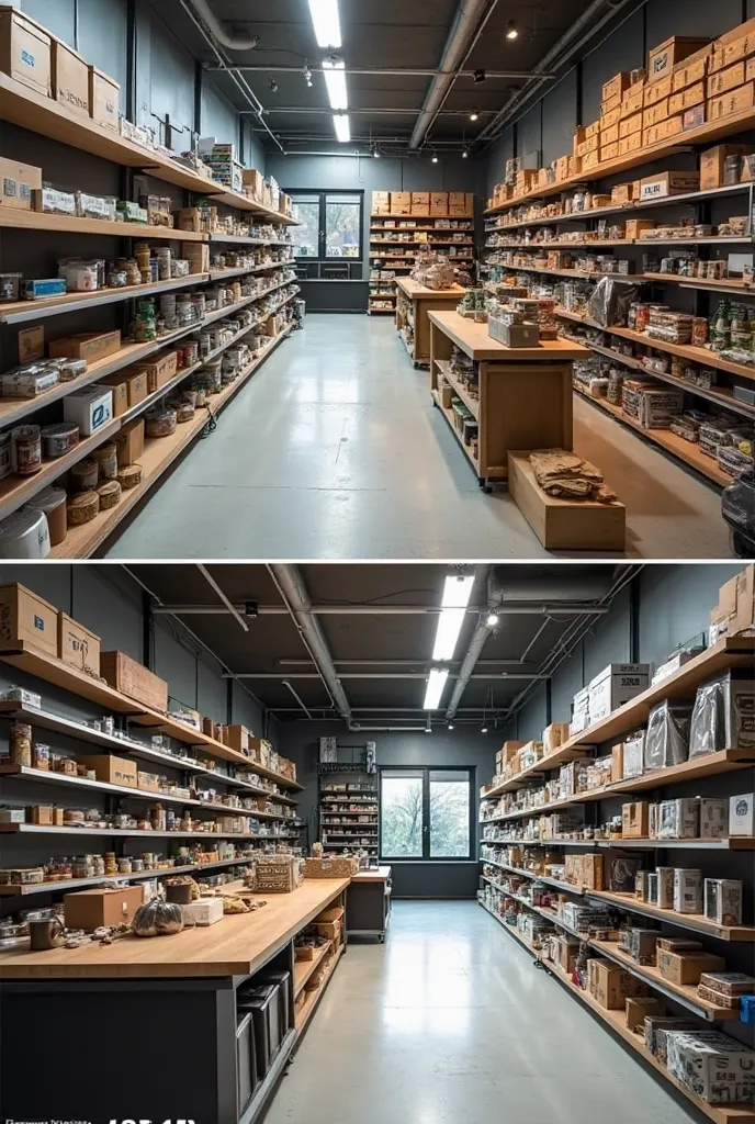 Comparison of a store before (without furniture ) and after optimizing your store with metal shelves (ledges) . disorder, And order