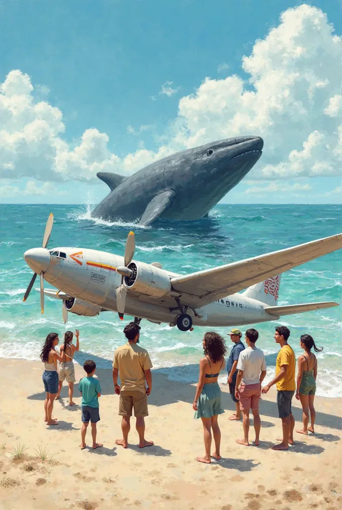 group of people on a beach playing with a giant plane and talking to a whale