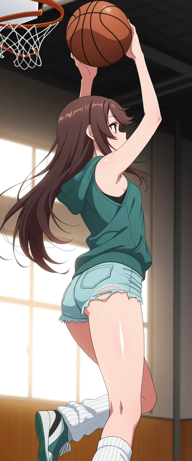 Masterpiece, best quality, amazing quality, 1girl, solo, thin, back view, from side, jump, arms up, shooting basketball, brown eyes, very long brown hair, hair with teal highlights, long swept bangs, thin, close up, small breasts, slightly toned arms, slee...