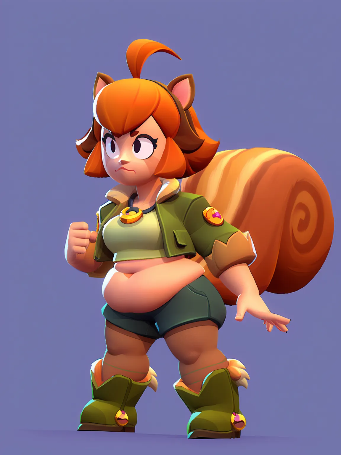 Full body view, squirrel girl, squirrel tail, squirrel ears, yellow hair, green jacket, animal ears, black stockings, green boots, fur boots, green top, crop top, plump, brawl, obese