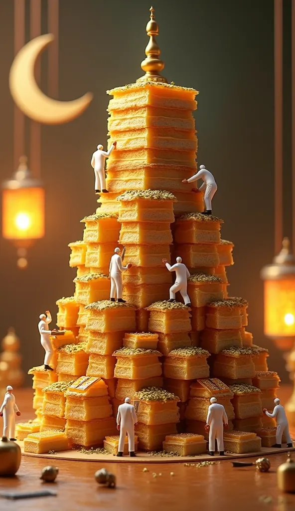 "A magnificent 8K ultra-realistic 4D render of a towering baklava structure, built like an elegant Middle Eastern palace. The golden, flaky layers of baklava are carefully stacked, with miniature pastry chefs climbing tiny ladders, drizzling warm honey, an...