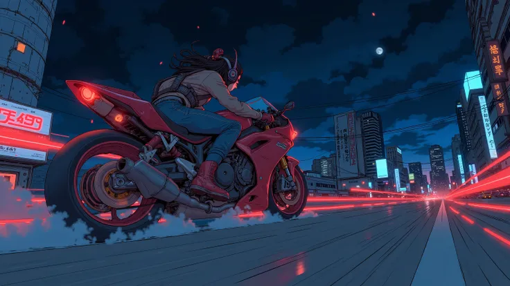 Japanese animated movie posters、 taken from below、 Fisheye 、Rear view of a woman riding a futuristic hoverbike speeding through the city at night、several hoverbikes、Public road racing、Motorbike runs through the highway at night、Buildings、The red taillight ...