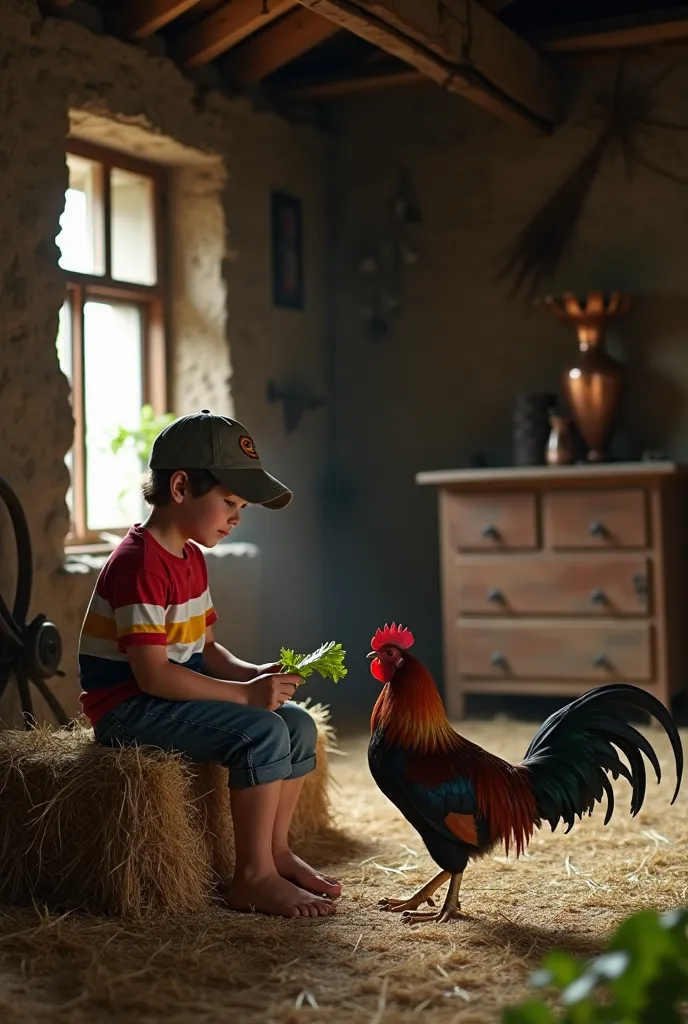 Ultra realistic photo, produced by a professional with a high-quality camera. Country young brunette boy a boy  feeding the rooster with lettuce, short hair, in old short denim, three t-shirt with wide stripes in red, white and yellow, Cap, barefoot, the y...