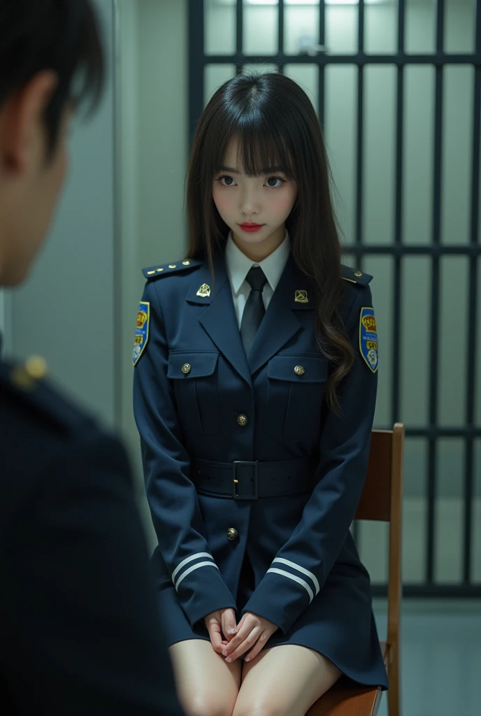 A beautiful japanese woman wearing a japanese police uniform with mini skirt.she have red lipstick,facial hair, brown eyes.she in the jail room.she with police man.police man sitting on the chair infront of woman.she doing buttons off.