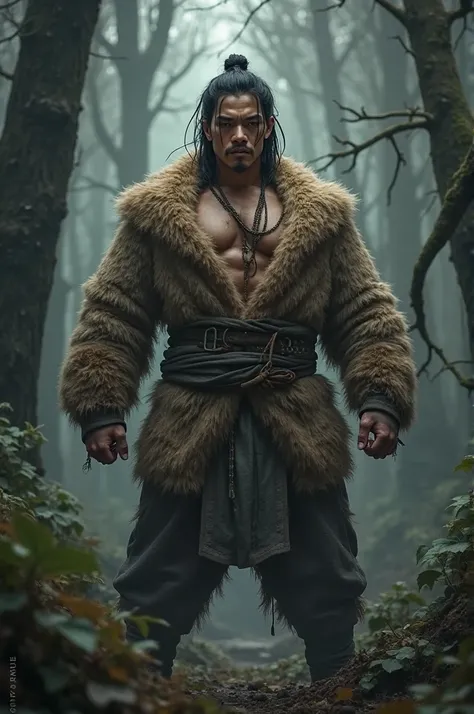 image of a young Asian man with shoulder length hair, handsome face wearing bearskin clothes ((kugfu warrior)) stocky body against a dark forest background