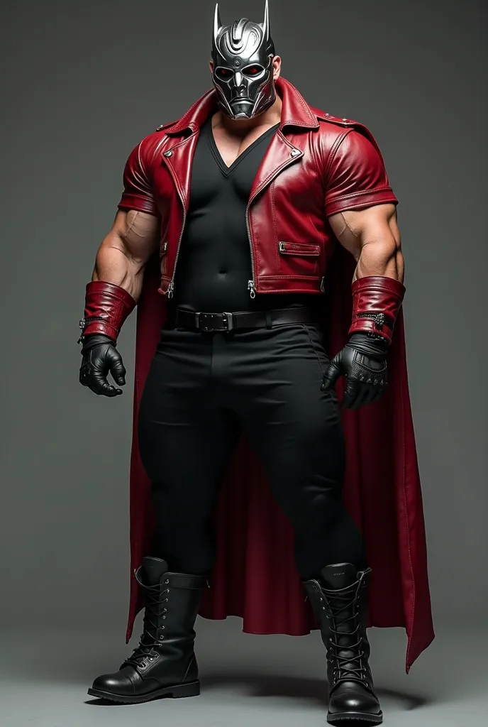 Muscular warlord in black jumpsuit with a hood, red leather jacket, jeans, combat boots, T-shirt, fingerless gloves,Маска Героя из Хромированрго метала,Шедевр, Детально, 