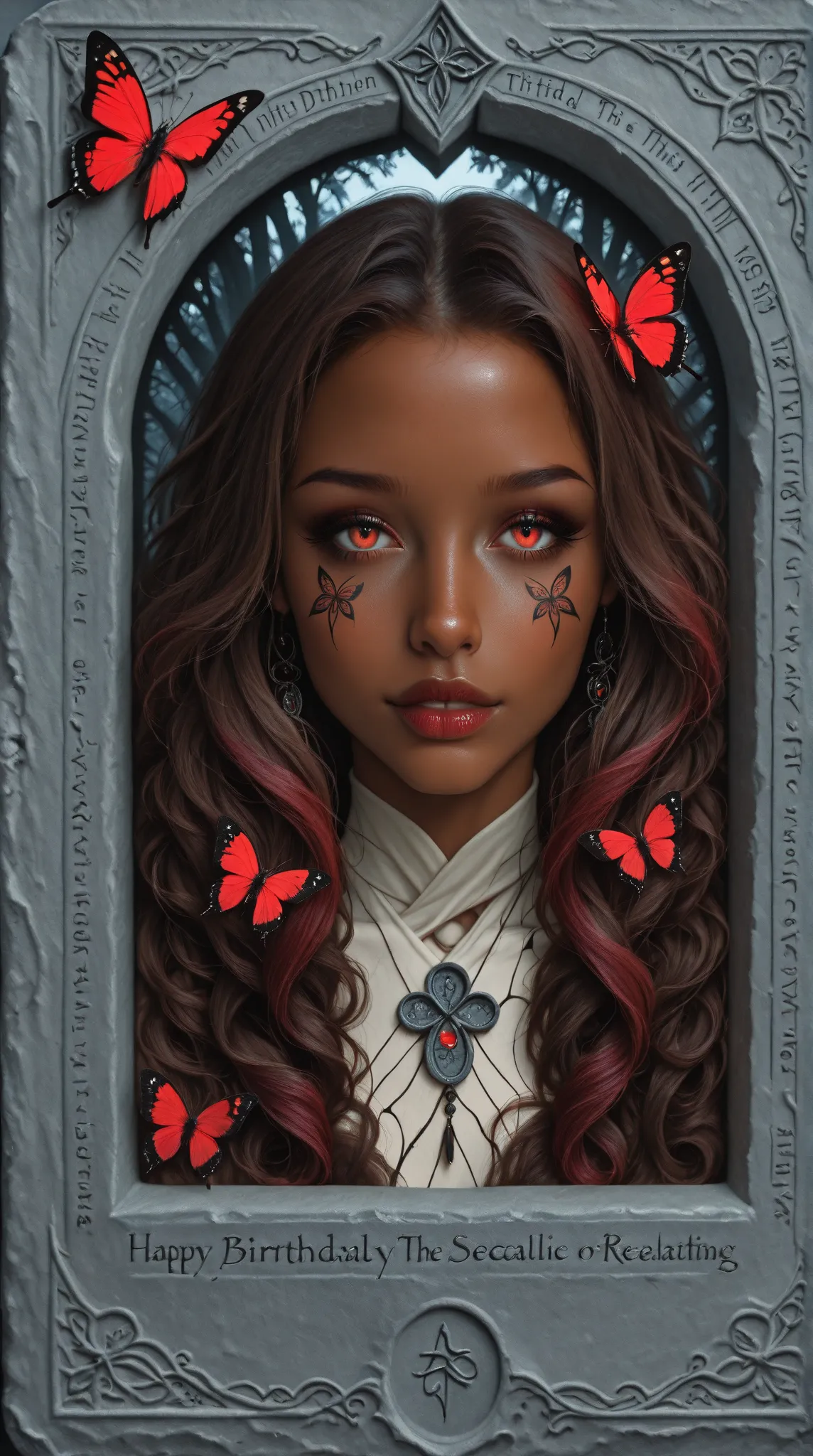 Beautiful negroide african american woman wth a light tan and long curly brown hair, covered with colored tribal tattoos, red butterflies, ultra realistic, ultra detailed. The decayed material enveloping her contrasts sharply with the vibrant colors of the...