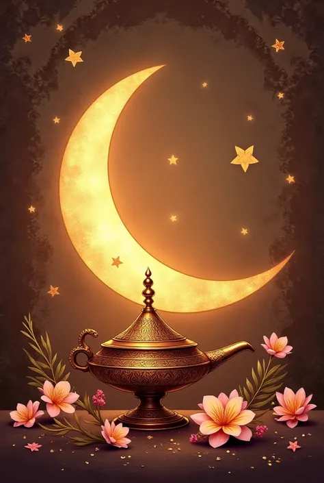 A card disgin in islamic way with a crescent moon with a little stars and ramadan lamp and some flowers


