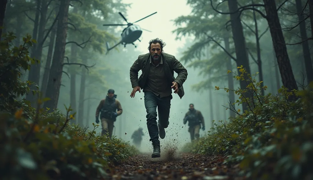 Create an image of a man fleeing through a dense forest, with helicopters overhead and sniffing dogs on the ground.