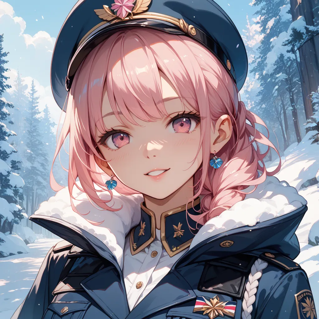 1 woman、long pink hair、 pink eyes、 beautiful and cute、Military cold protection、cold weather background