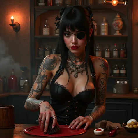 Female bartender wipes the wooden mug, bar counter, pickled eggs, dark cabaret style, fantasy, tattoos, eye-patch, cigar
