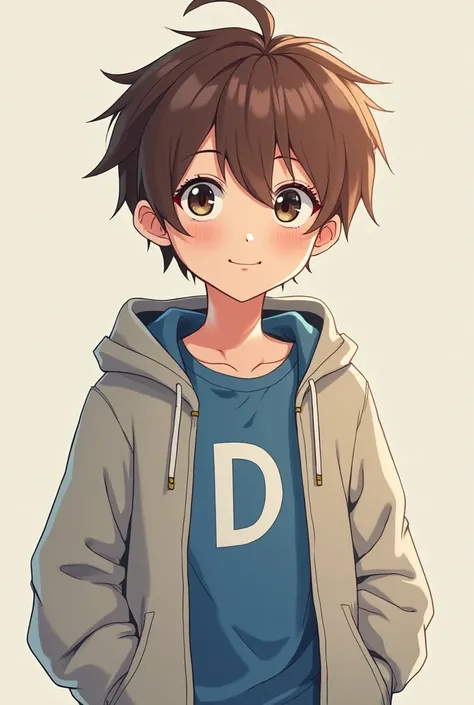 Change my Minecraft skin into anime boy wearing a hoodie with blue shirt with the letter d on it with charm brown hair 