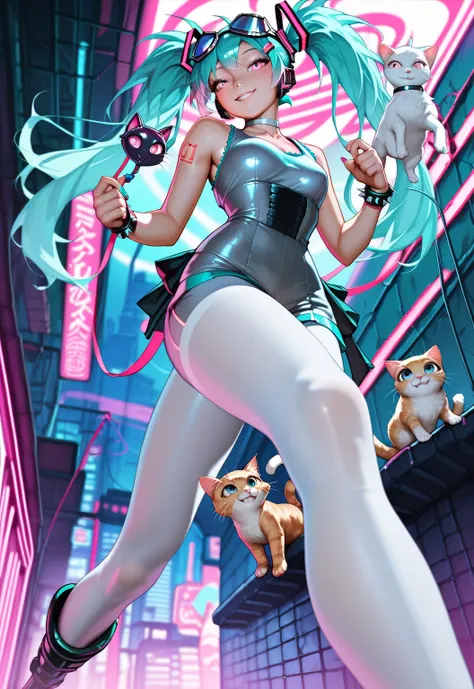   Hatsune Miku, ,long hair,twin tails from above , chest,  pink eye,  video viewers ,hip vent ,hair clip, bangs, Tying up hair ,  Sandals on the skin  , choker, big goggles on the head,kitten, Future Neon City,silver clothes ,dynamic pose,smile, Gold,kitte...