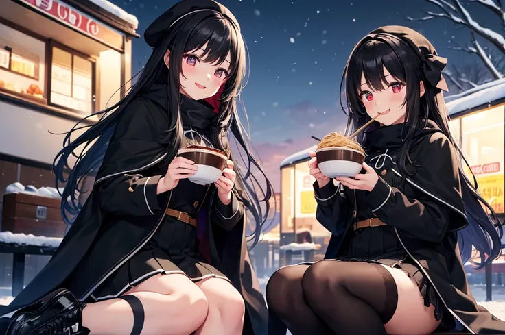 High image quality, high resolution, smooth gradation, vivid colors, a black cloak, a black student uniform, black stockings, black lace-up shoes, black hair, a high school girl, Snowfall, snowy park, dark sky, food truck, eating long-awaited ramen, two gi...