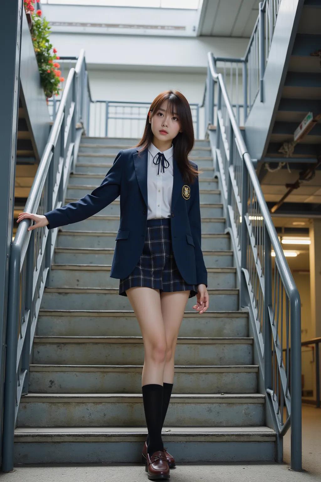 　 best image quality、score_9,  score_8_ up 、masterpiece、Worm’s Eye View、1 Japanese girl、female high school students、uniform、 blazer、miniskirt、Panty、Thigh Highlighted、loafers、 station stairs、