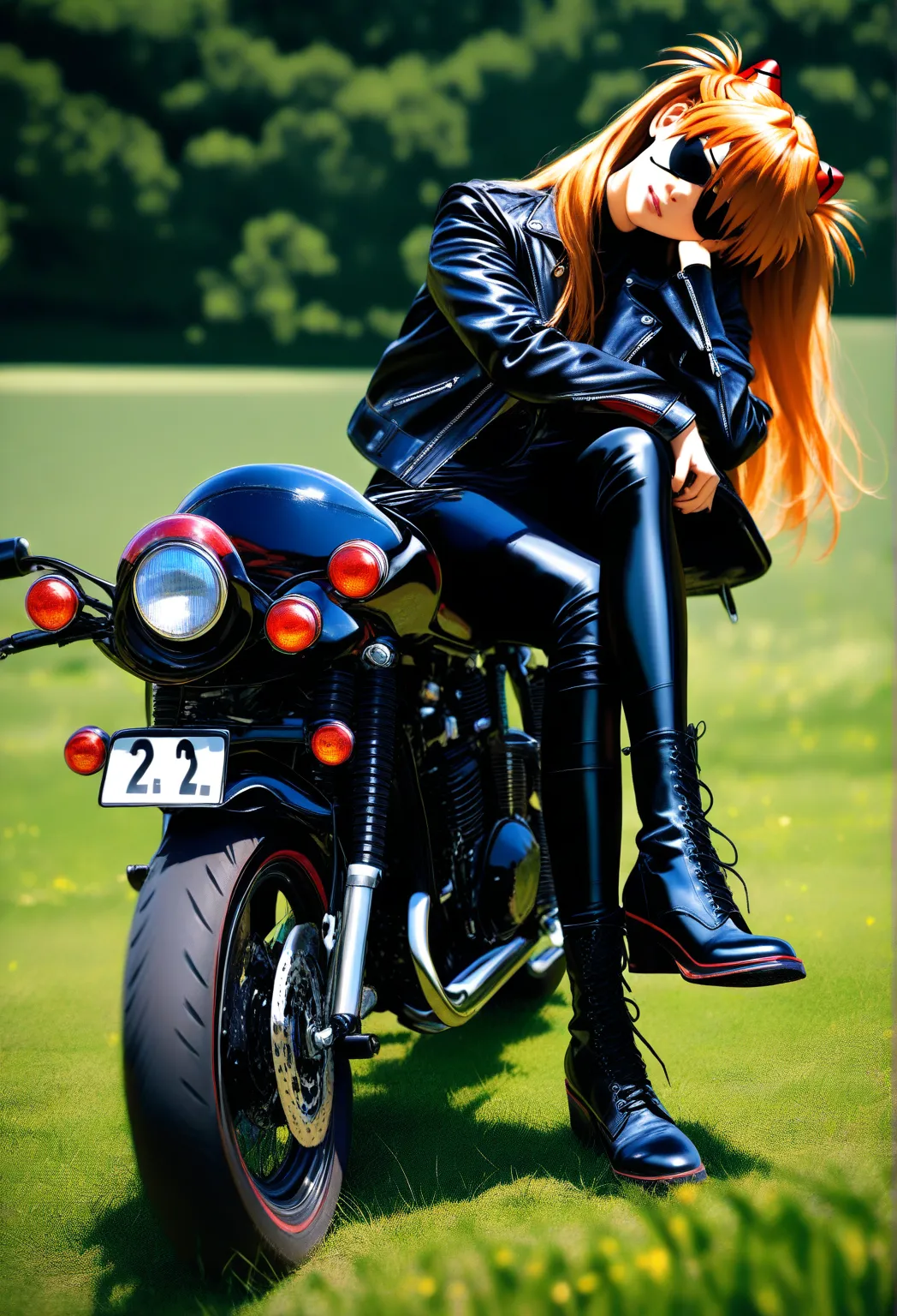 1girl, souryuu asuka langley, neon genesis evangelion, eyepatch, black biker jacket, black tight pants, black boots, sitting, on motorcycle, crossed legs, head tilt, seductive body, ultra-high quality, photorealistic, cinematic lighting, smooth textures, v...