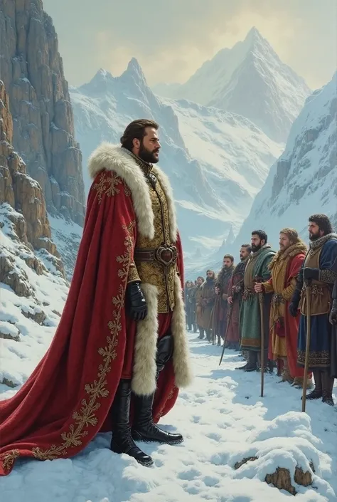 classical painting, of a medieval king in royal clothes, fur coat, visiting the icy lands, a beautiful landscape of snowy mountains and a reception from his vassals to the king