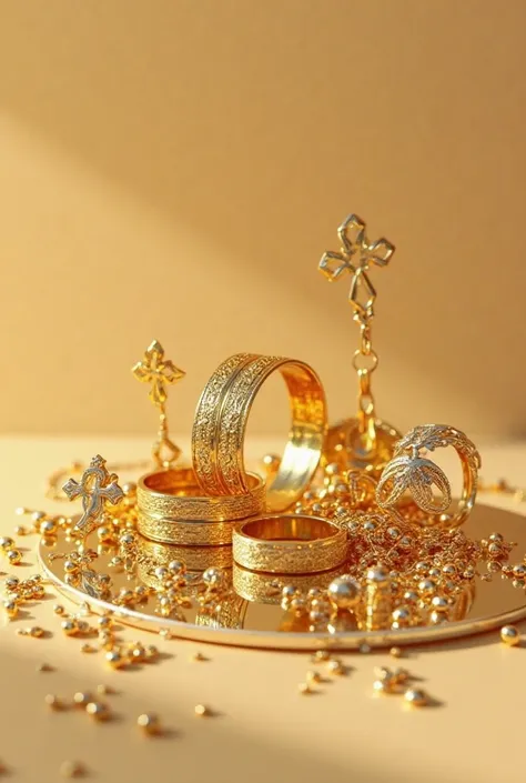 Scrap gold:rings,  earrings, Crosses, chains and the like in white,  red , lemon gold on a slightly mirrored surface with a simple background without people