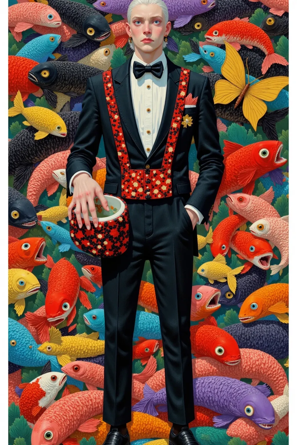 Crazy footage of a man in a tuxedo with fish around him,  surrealistic painting by Martine Johanna,  is popular in the CG society ,  pop surrealism,  a pretty hermaphrodite prince  ,  Tom Bagshaw style , The exquisite prince of yin and yang, In the style o...