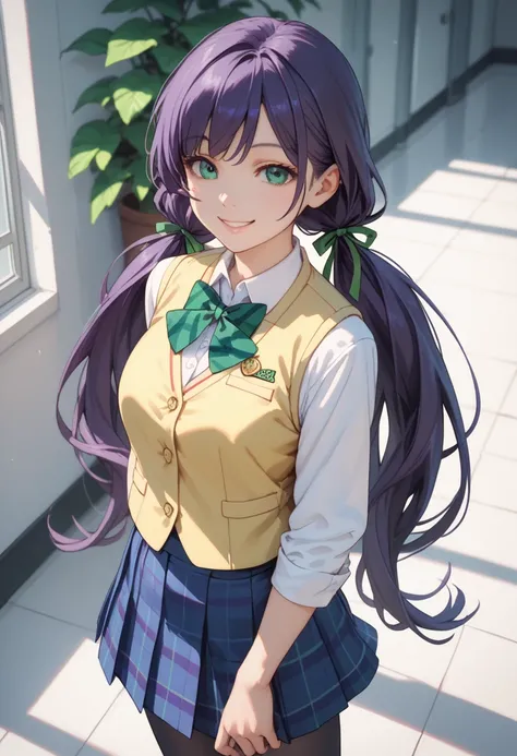 masterpiece, 1girl, purple hair, long hair, low twintails, green eyes, white shirt, yellow vest, green ribbon on chest, blue checked mini skirt, black tights, black loafers, smile, standing, school