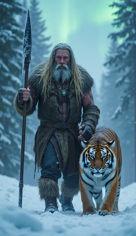 "A hyper-realistic, cinematic full-body portrayal of a Russian Tarzan, standing strong in the heart of a snow-covered Siberian forest. His massive, muscular body is covered in thick fur-lined leather, and he has long, icy blonde hair with a rugged beard. H...