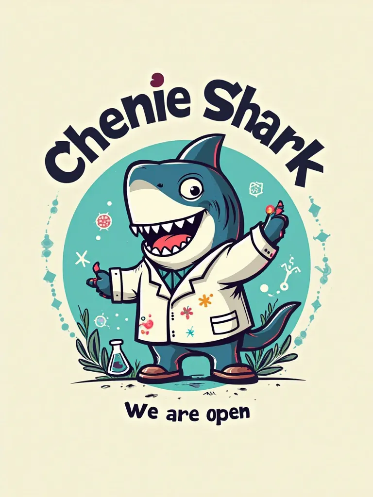 A logo, Inspired by the old cartoon and written on it CHEMIE SHARK It says under it WE ARE OPEN And he wears a cheime lab dress