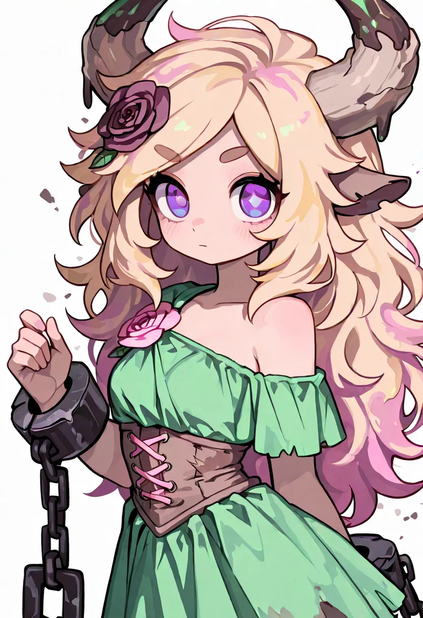 white background, perfect eyes, Sandy blonde hair, Shackles, Pastel pink curls with dark roots, Dusty rose hair, Magical Girl, Barbarian, Bold brows, Blonde hair,  violet eyes, Emerald green one-shoulder dress, Minotaur girl