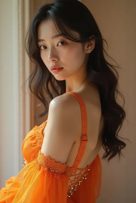 Beautiful Korean woman with sexy orange lingerie.