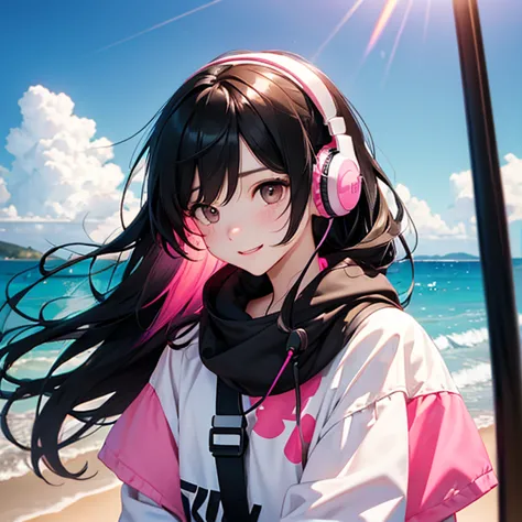 I see a big rainbow in the sky、 pink headphones、long black hair、Laugh、 headphones、A girl with an adult face 、brown eyes、 lighting behind the beach ((8k, .,   surreal))、 I'm wearing cool clothes。I&#39;It&#39 White with a rainbow over the blue sky、 reduce ex...