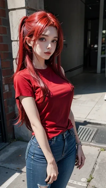 solo , 1girl , red long hair , red shirt rock punk styes , big breast , jeans rock punk styes 