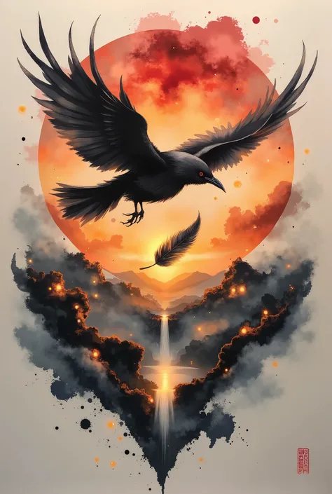 A crow flying high in the sky toward the sunset。and a black feather that has fallen by the crow flutters and falls down。This work is a beautiful sunset scene that focuses on a single feather。Extreme Detailed Description、professional pose、vivid color,Bokeh、...