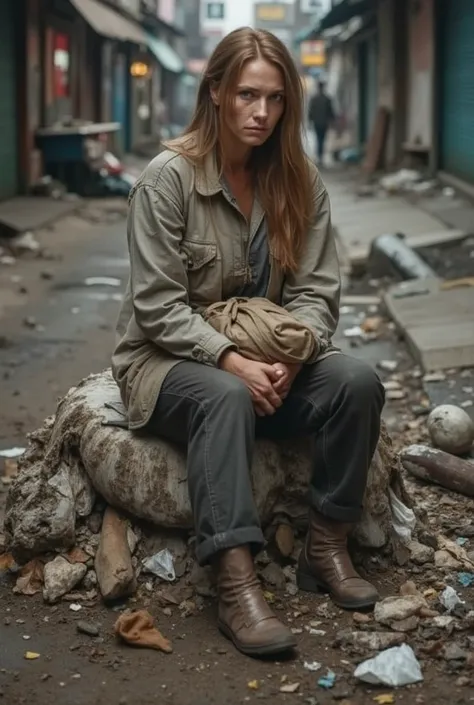 arafed woman homeless, sitting on a pile of garbage with a bag, wearing dirty travelling clothes, carrying survival gear, grungy woman