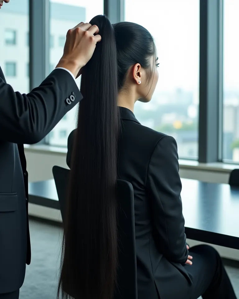 In a modern office with large windows, a Korean man in a suit gathers all of the long, thick, glossy black hair of a seated Korean K-pop idol into a high ponytail, as if preparing to tie it. Her hair, extending past her hips, flows down her back with excep...