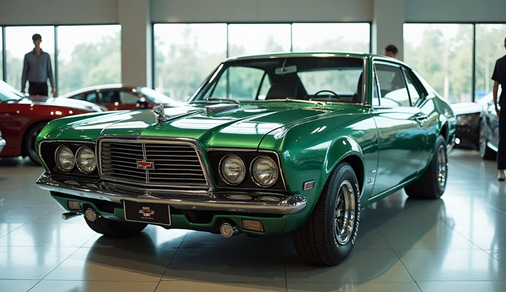 "A detailed front view of a vintage American muscle car, resembling a late 1960s Studebaker Champ, in shiny Mystic Green color. The car has wide front tires, dual exhausts at the rear, and classic rectangular headlights. A 'Studebaker Champ' badge is place...