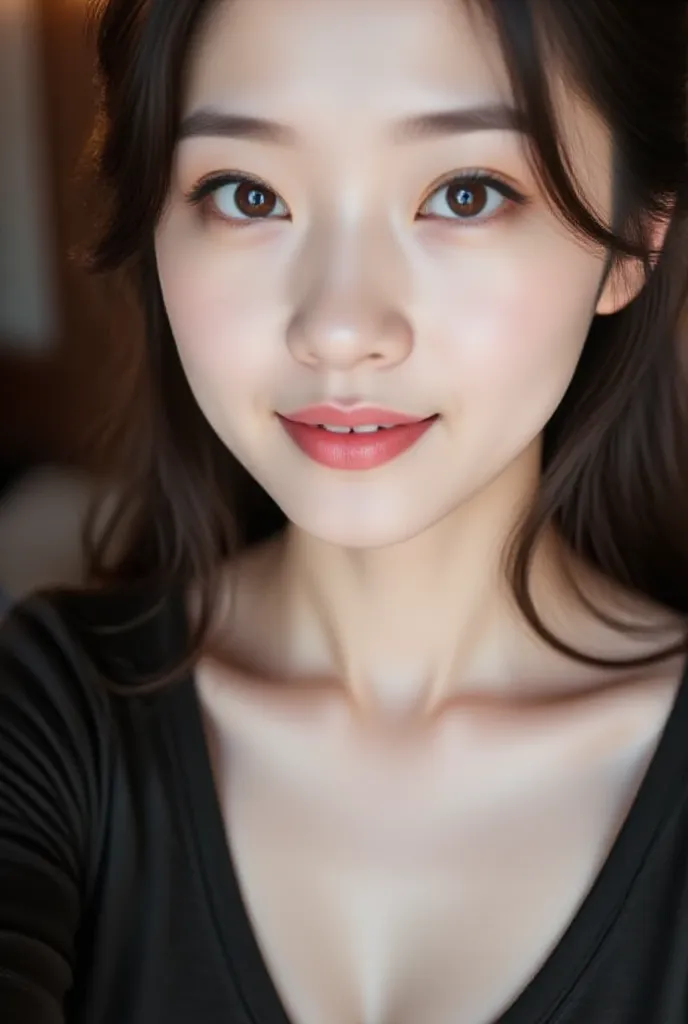 This is a highly detailed, hyper-realistic photograph of an East Asian woman with a fair, smooth complexion. She has long, wavy, chestnut-brown hair that cascades over her shoulders and partially frames her face. Her eyes are almond-shaped, with a warm, br...