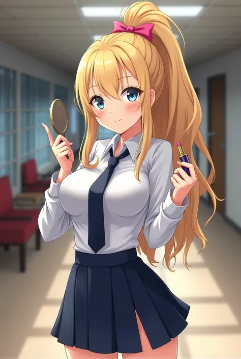 "A semi-realistic or anime-style high school girl with long blonde hair in a very high ponytail, sharp eyes, and a confident, slightly smug expression. She wears a stylish white blouse with a navy blue tie and a fitted navy blue skirt with a slight slit, p...