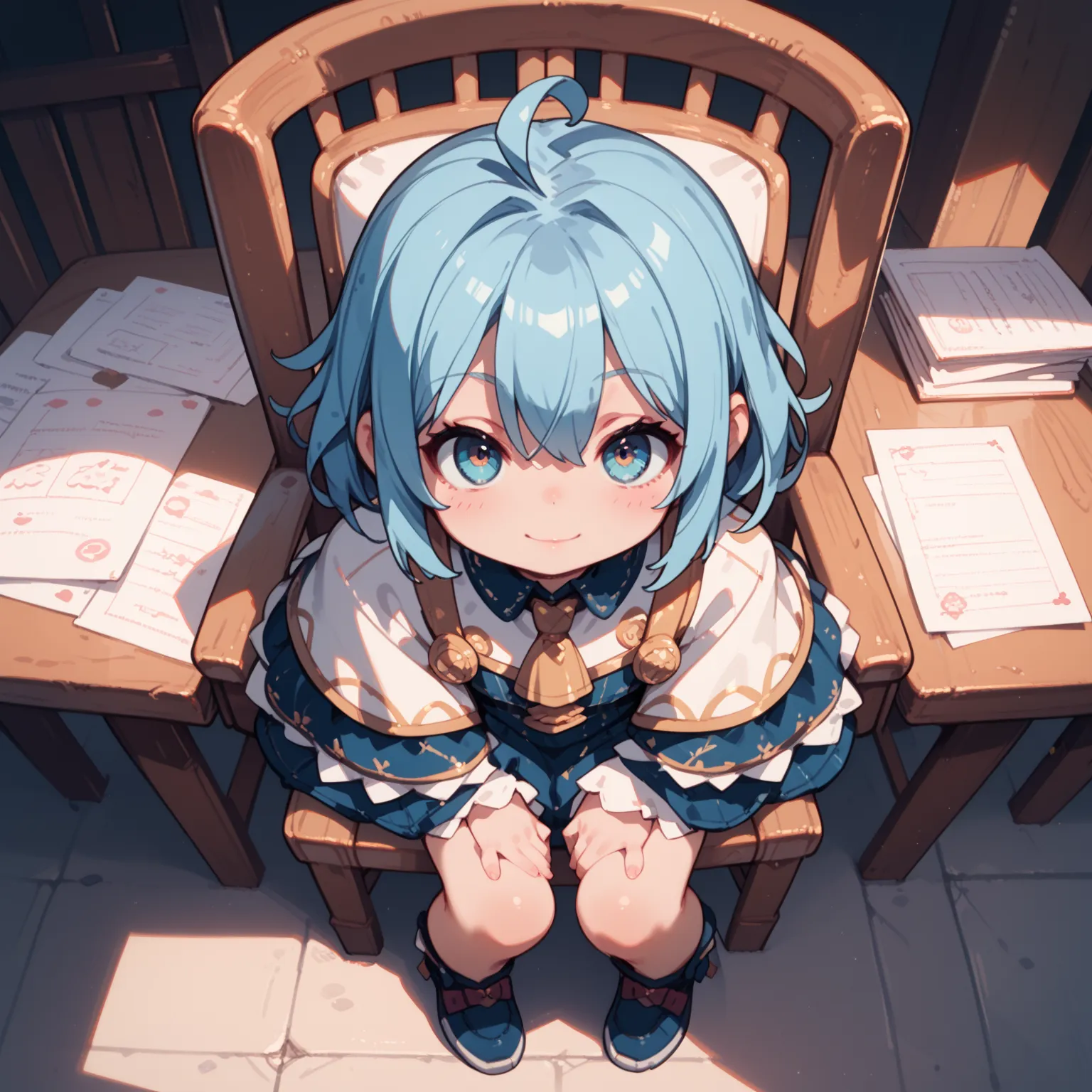 1 girl、chair under a chair、from above、ahoge