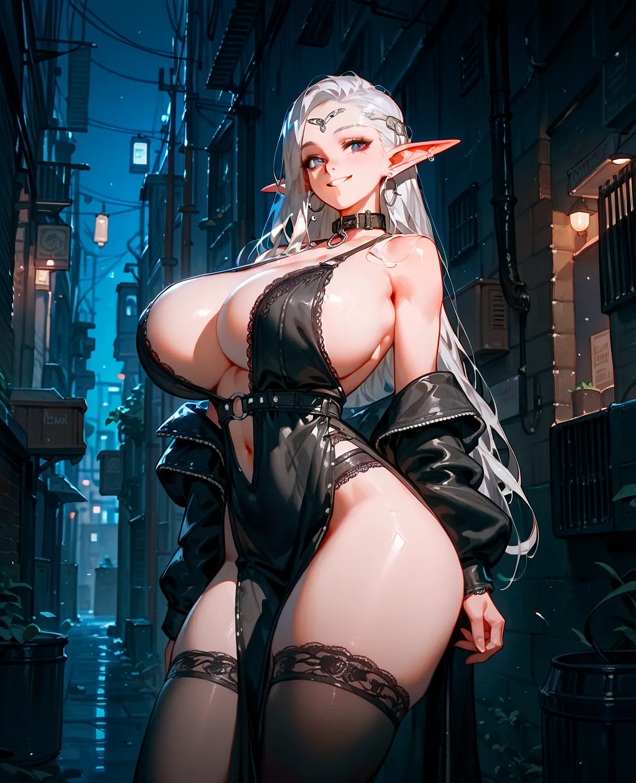  silver hair, night ,  earrings, long hair, Smiling face, Choker,  thick thighs, Elf ears, (perm hairstyle), 1 person, Lori, Alley, huge breasts , No bra, (raunchy black lace) underwear, girl, Dog collar, black stockings, Forehead exposure 