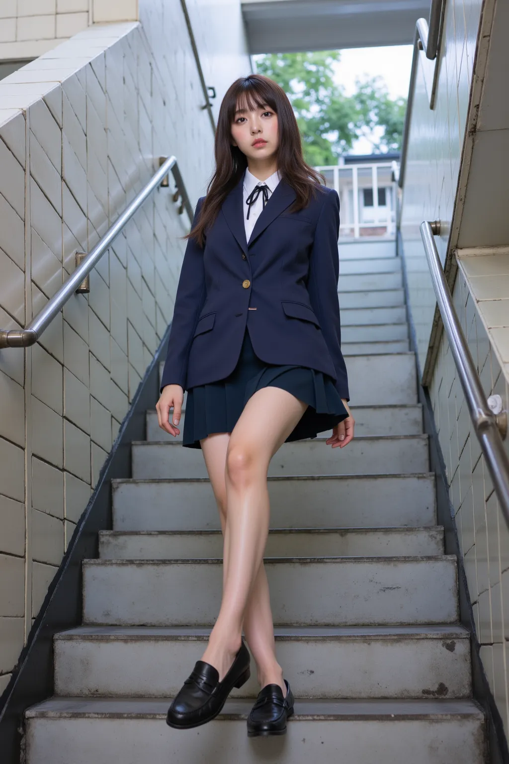 　 best image quality、score_9,  score_8_ up 、masterpiece、 from below、1 Japanese girl、female high school students、uniform、 blazer、miniskirt、Panty、Thigh Highlighted、loafers、 station stairs、