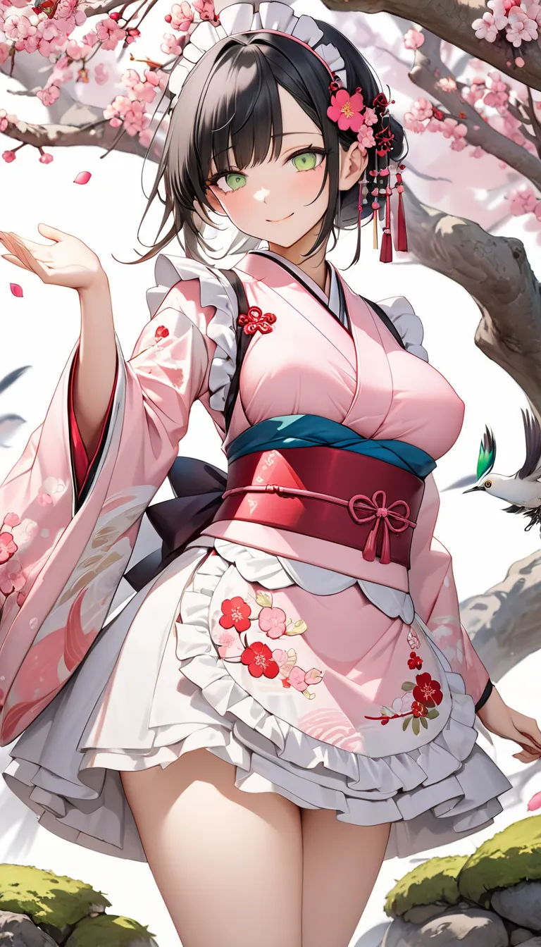 ((black hair short、bangs))（Height: 160cm、sexy body）((A beautifully designed fantasy outfit blending traditional Japanese maid attire with elements of plum blossoms and the Japanese white-eye bird (Better). The dress features a classic kimono-style top with...