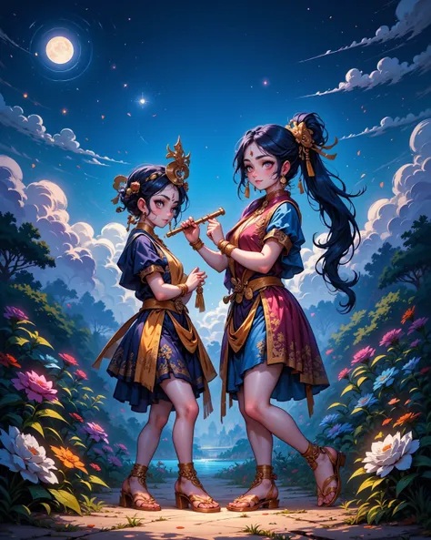  Cute radha and lord Krishna, flute play Krishna, beautiful place, moon light on sky , nature blue vibrant , place is beautiful, sunsets , a Krishna body is blue Soft skin, a beautiful flowers ground, ground is Open plan