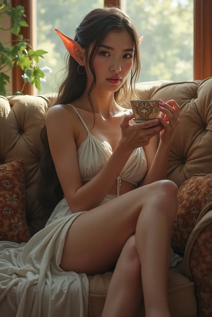  Realism sexy Adult elf girl sits on the couch and drinks tea