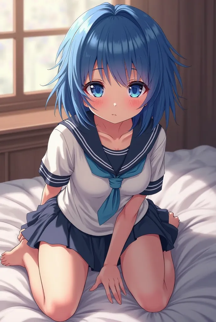 Make an anime girl dressed as a schoolgirl, sexy, and in a house in bed, posing and smiling, with blue hair and blue eyes