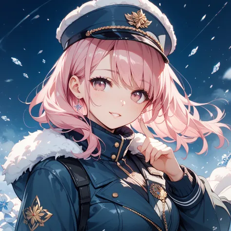 1 woman、long pink hair、 pink eyes、 beautiful and cute、Military cold protection、cold weather background